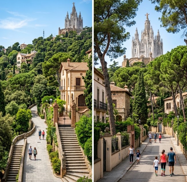 Vistas de las zonas arboladas, la arquitectura residencial y la imponente naturaleza de Collserola y el Tibidabo